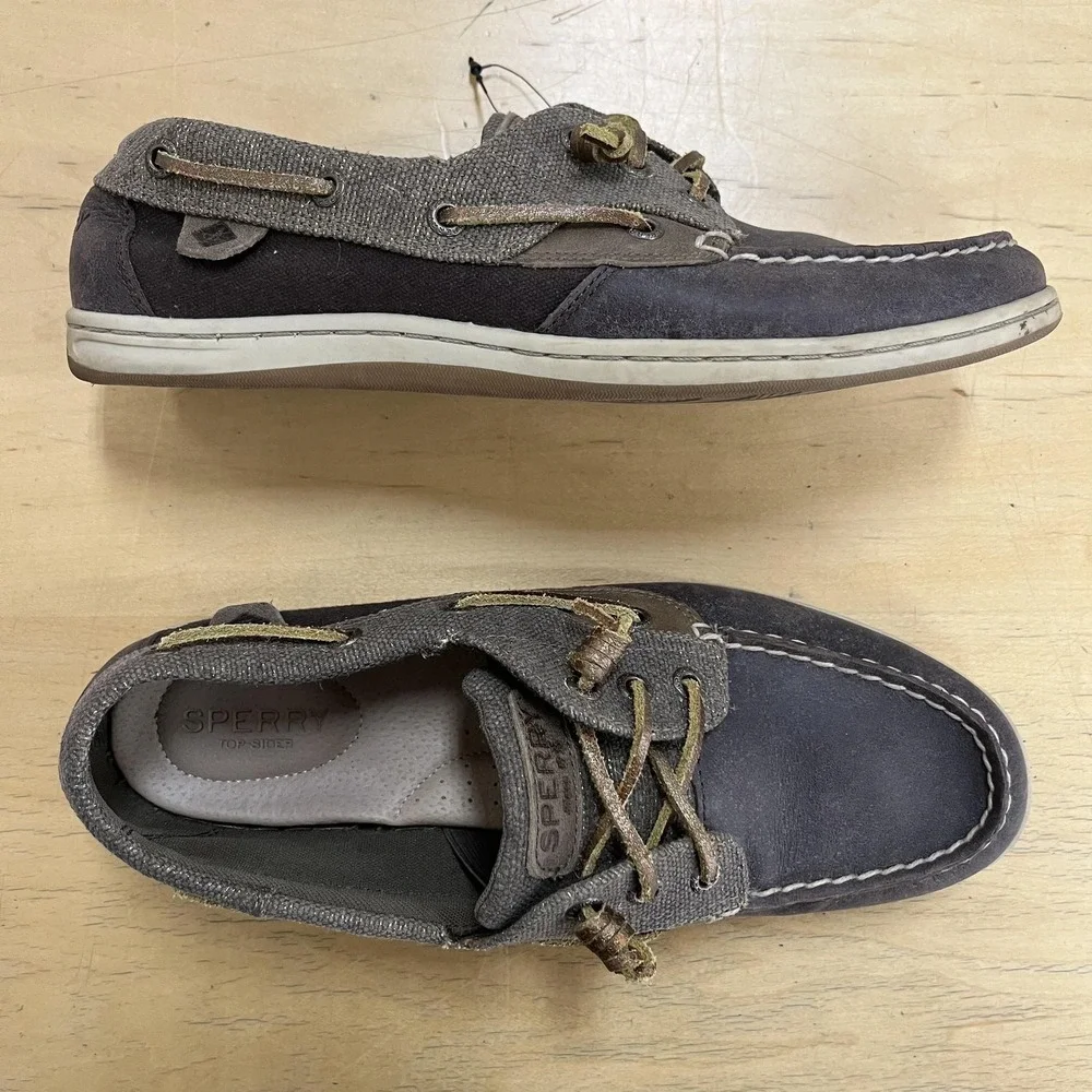 Sperry‎ Top-Sider Boat Shoes Womens Size 9.5 Gray Brown Leather Canvas STS80607